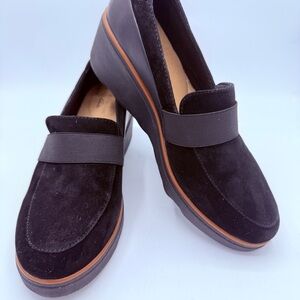 Clarks Black Suede Wedge Loafers with Tan Accent